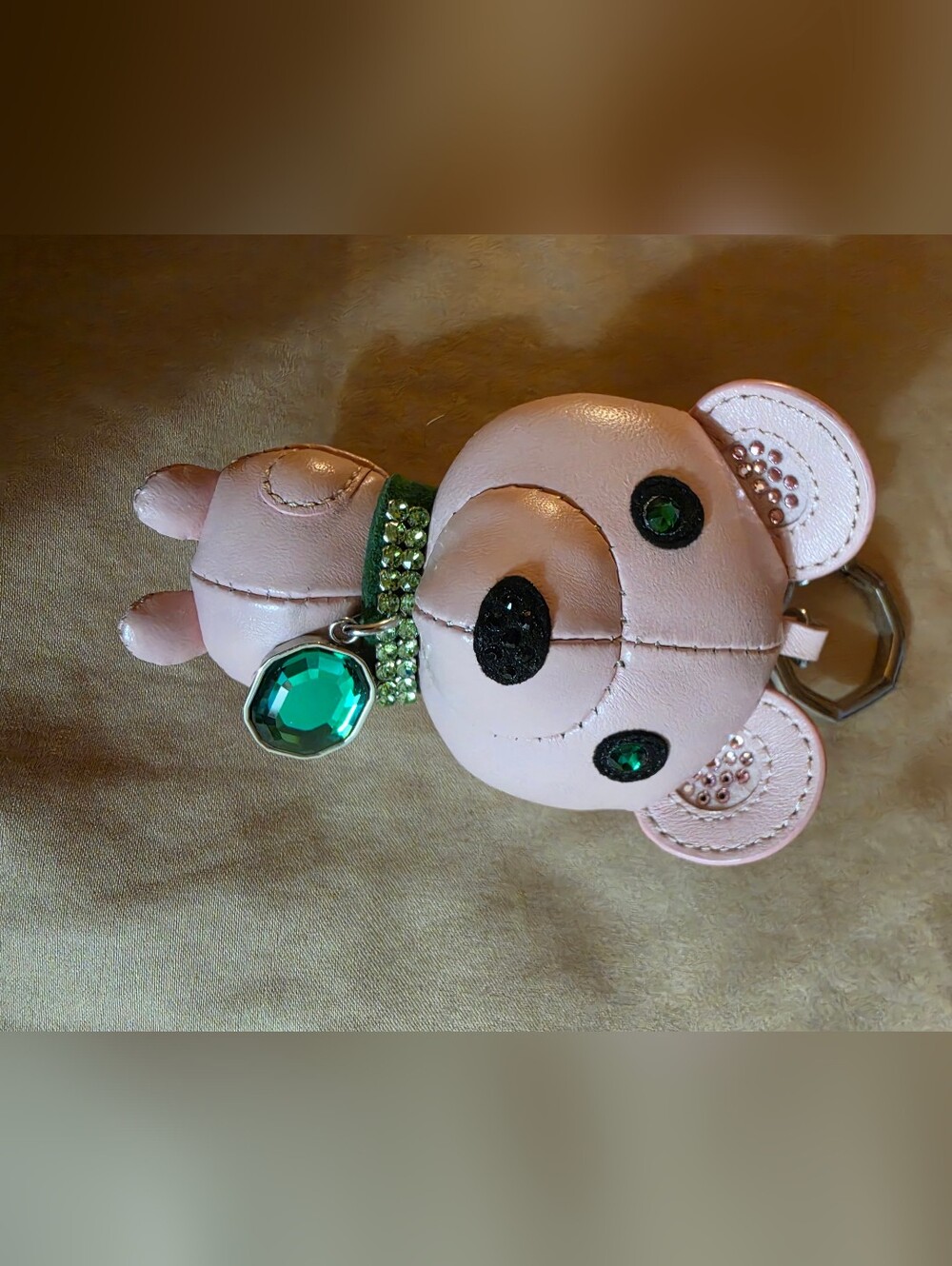 Swarovski Pink Bear Key Ring with Green Accent